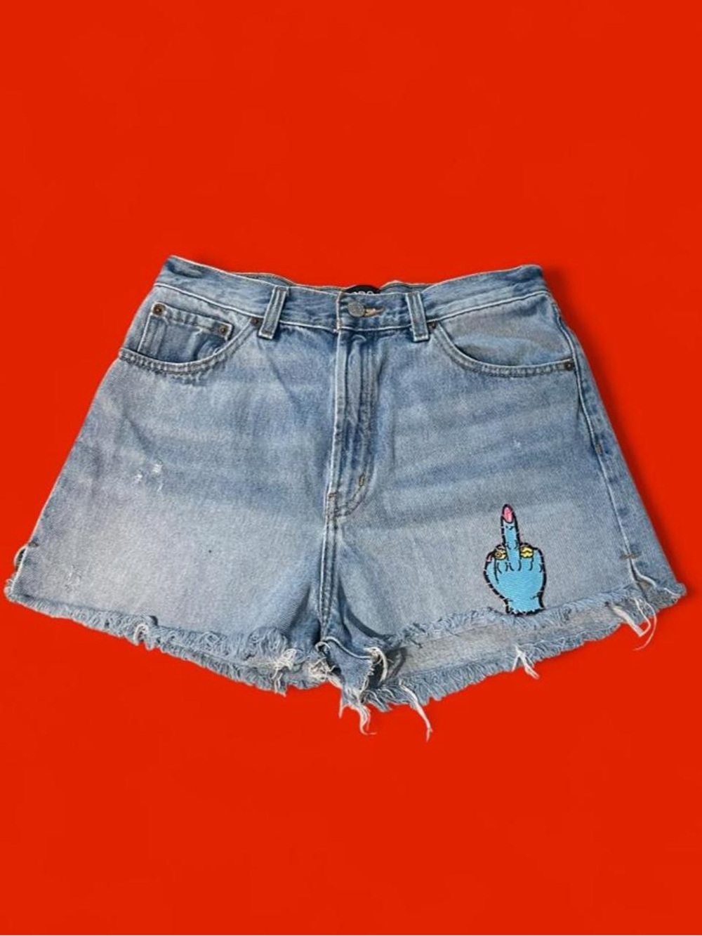 BDG Light Wash Denim Cutoff Shorts with Embroidered Hand Patch